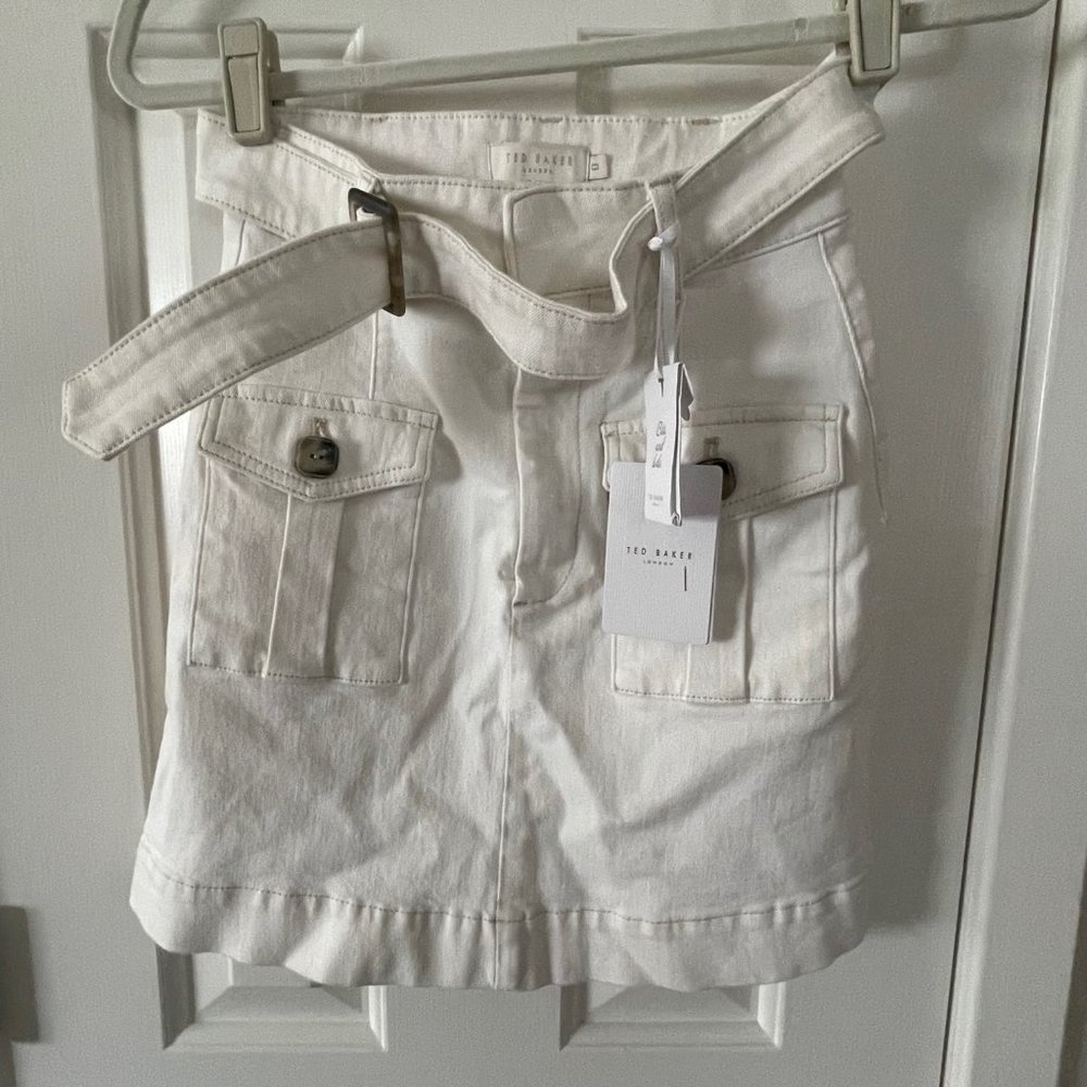 Ted Baker Cream Eriike Utility Denim Mini Skirt with Front Pockets Size 2 New